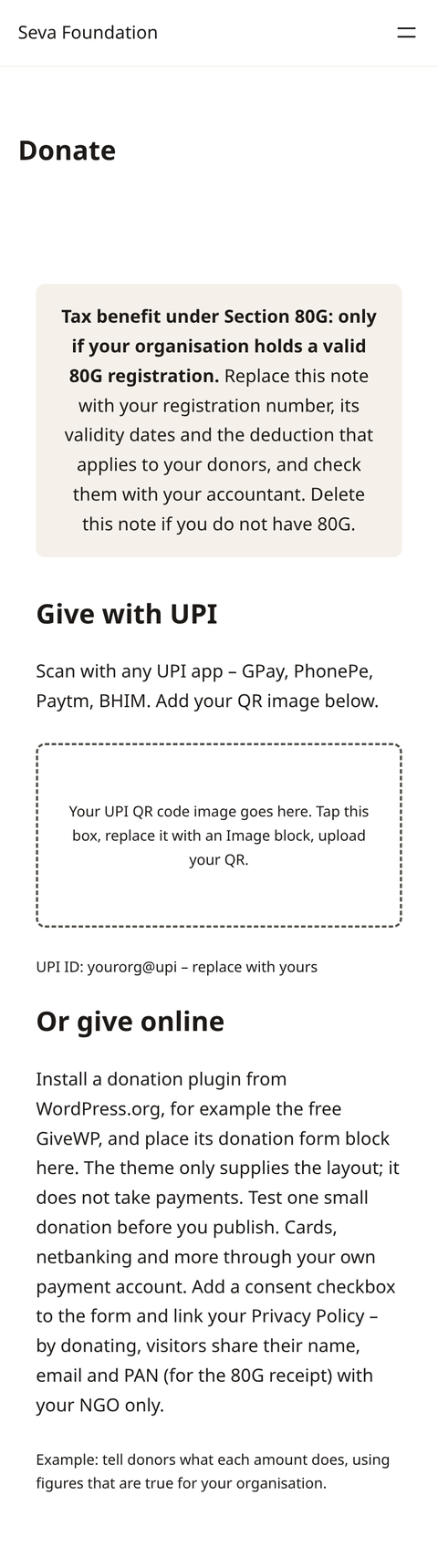 Donate page layout on a phone