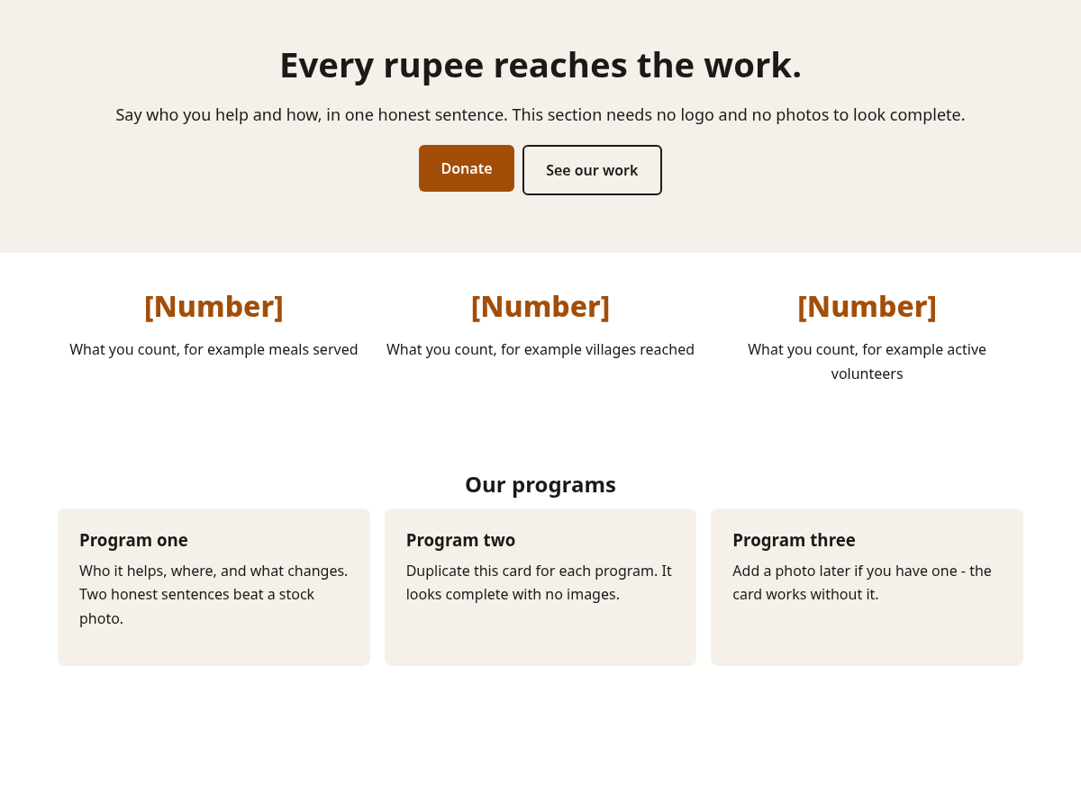 Nonprofit Seva home layout: a headline, three number placeholders and three program cards